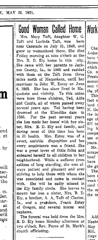Obituary Newspaper clipping from May 24, 1921 5797704