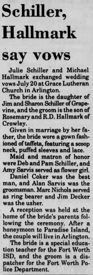 Marriage Newspaper clipping from Jul 21, 1991 5819842