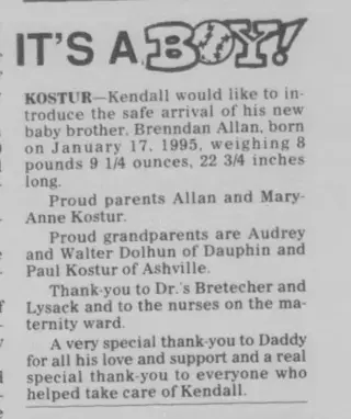 Birth Newspaper clipping from Jan 31, 1995 5859085