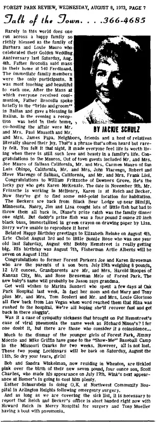 Anniversary Newspaper clipping from Aug 8, 1973 5931766