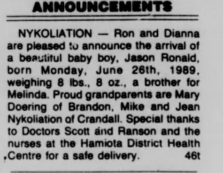 Birth Newspaper clipping from Aug 1, 1989 6004081